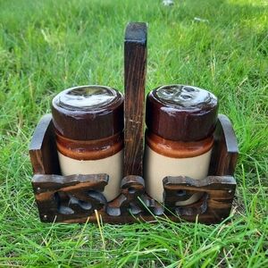 Vintage Handmade Wooden Salt & Pepper Caddy With Two Toner Ceramic Shakers